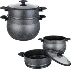 Royal Swiss Couscouspan - Couscoussier - Stoompan - 8L - Alle Warmtebronnen - Aluminium Stone-coated - Glazen Deksel - ZWART -Le Creuset Winkel 1200x1170 8