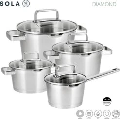 Sola Pannenset Diamond - 4 Delig - Ø 16,16,18,20 Cm - Zilver - RVS - Sandwichbodem -Le Creuset Winkel 1200x1183