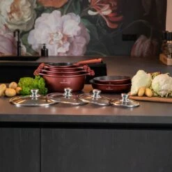 Herenthal Pannenset Inductie - Luxe 10-delige Koekenpan Inductie - Voor Alle Warmtebronnen - Pannen Met Glazen Deksels En Koudgrepen - Burgundy -Le Creuset Winkel 1200x1200 120