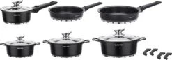 Swiss Pro+ | Set 14 Delige Pannenset | Inductie - Pannensets - Glazen Deksel - Met Afneembare Handgreep - Marmeren Interieur -PFAS-vrij | Black (Zwart) -Le Creuset Winkel 1200x416 1