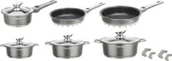 Swiss Pro+ | Set 14 Delige Pannenset | Inductie - Pannensets - Glazen Deksel - Met Afneembare Handgreep - Marmeren Interieur -PFAS-vrij | Grey / Silver -Le Creuset Winkel 1200x430 1