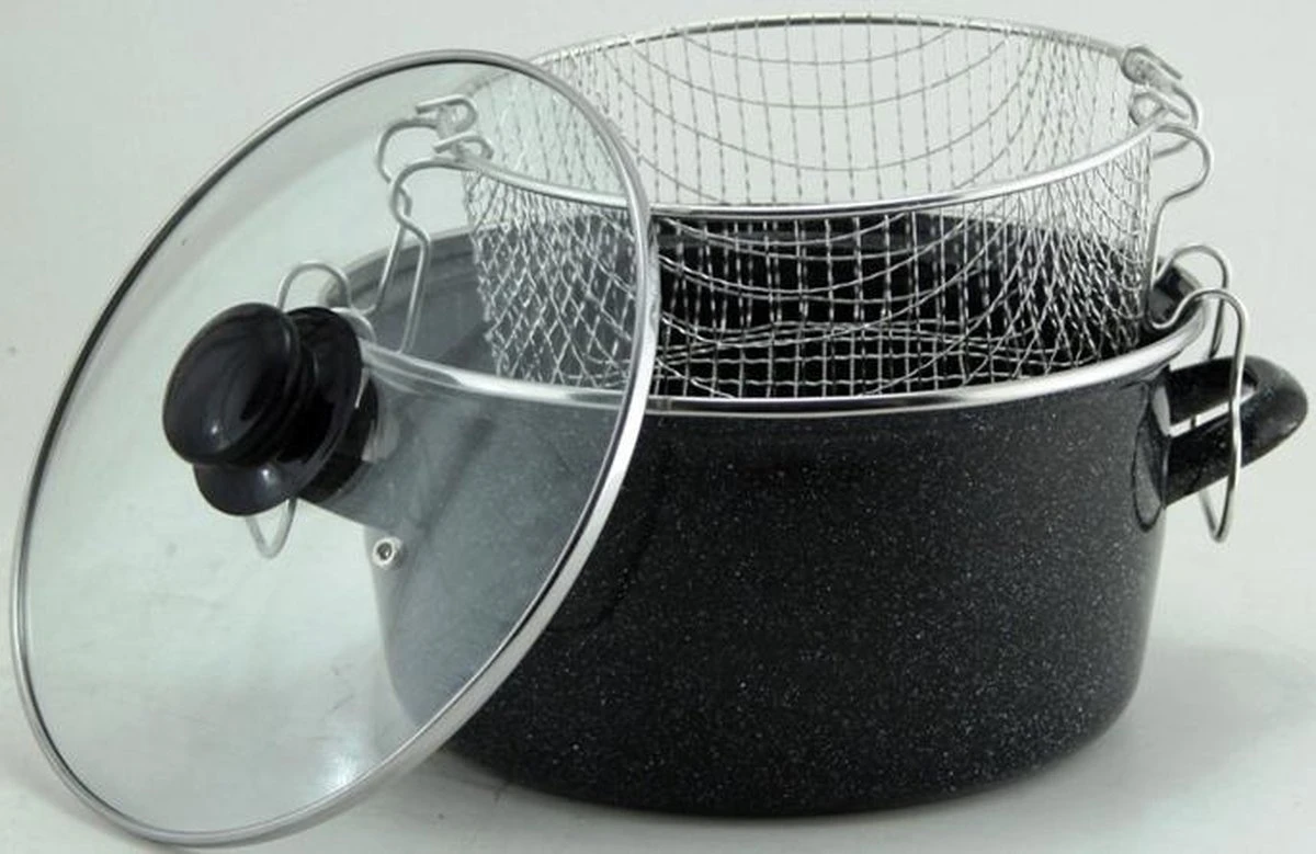 Frituurpan Emaille Met Glazen Deksel En Korf - Ø 26cm - Zwart 5 Frituurpan Emaille Met Glazen Deksel En Korf - Ø 26cm - Zwart - Afbeelding 3